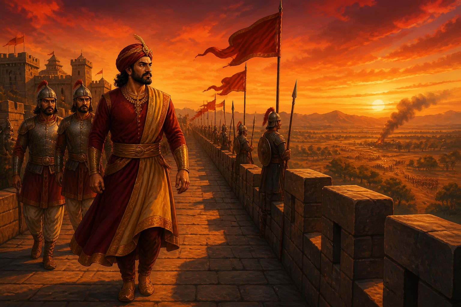 King walking his fortified frontier ramparts as deterrent