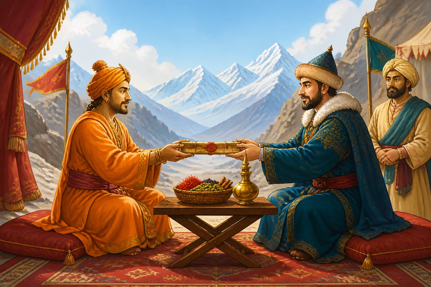 Two distant ambassadors exchanging a treaty at a neutral mountain pass