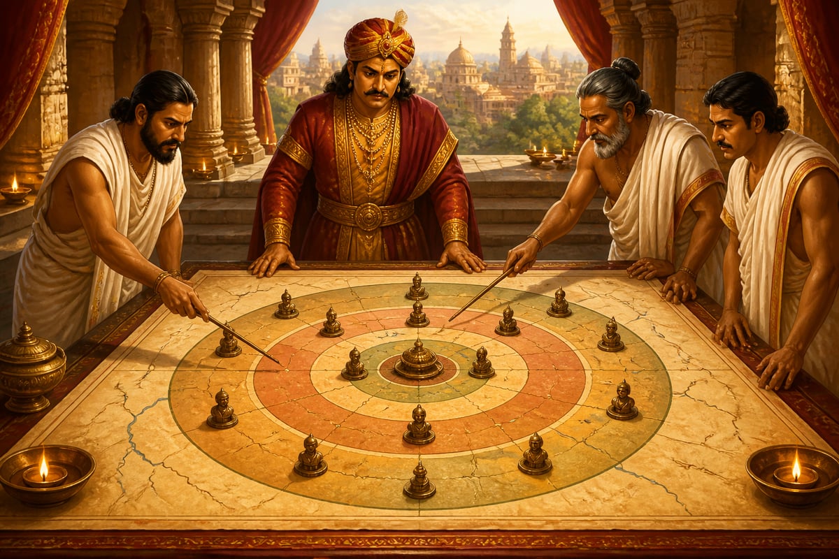 Emperor Bindusara reviewing the Mauryan twelve-king mandala with advisors
