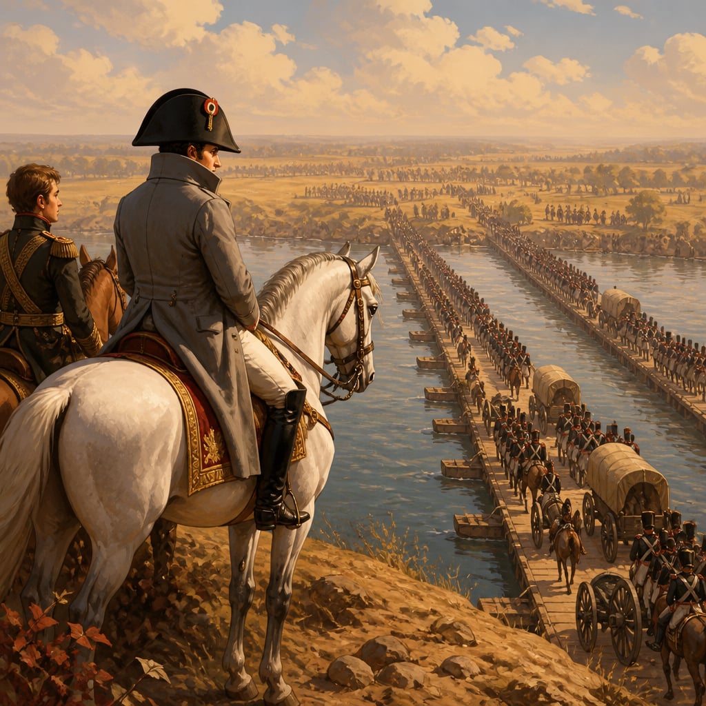 Napoleon watching the Grande Armee cross the Niemen into Russia
