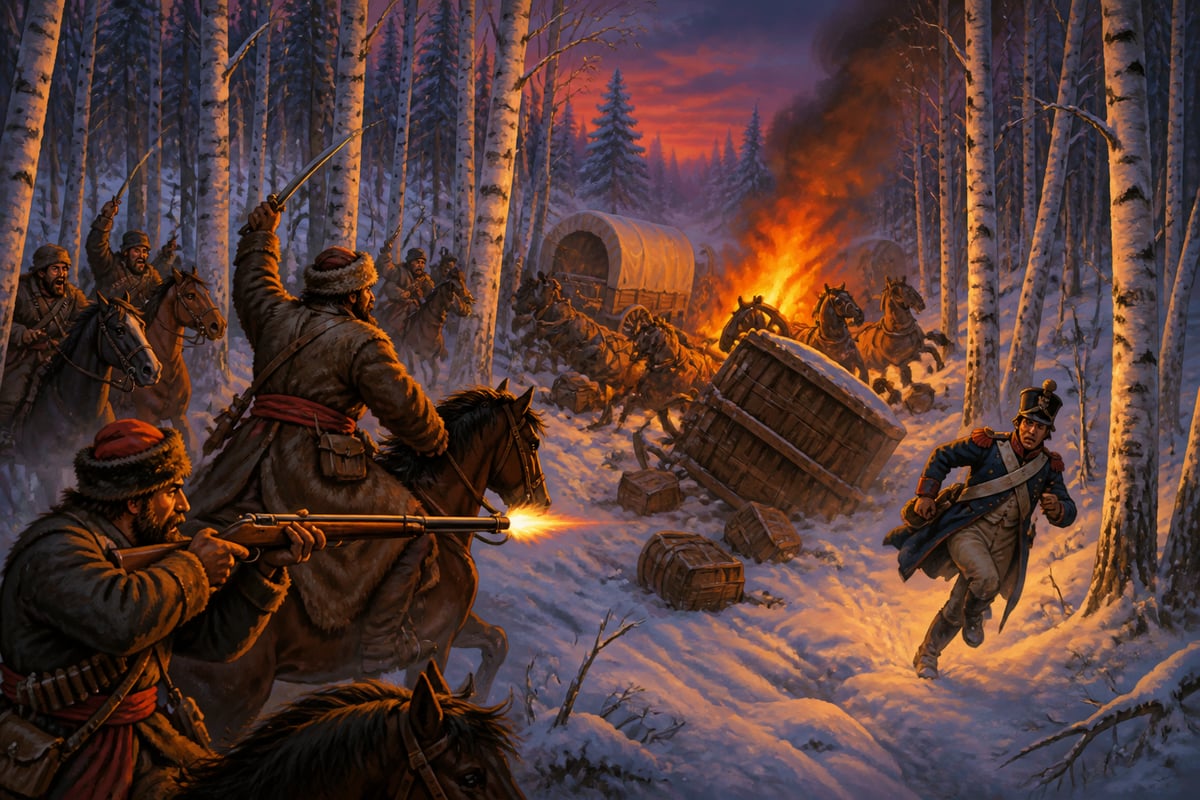 Russian partisans ambushing a French supply convoy in a snowy birch forest