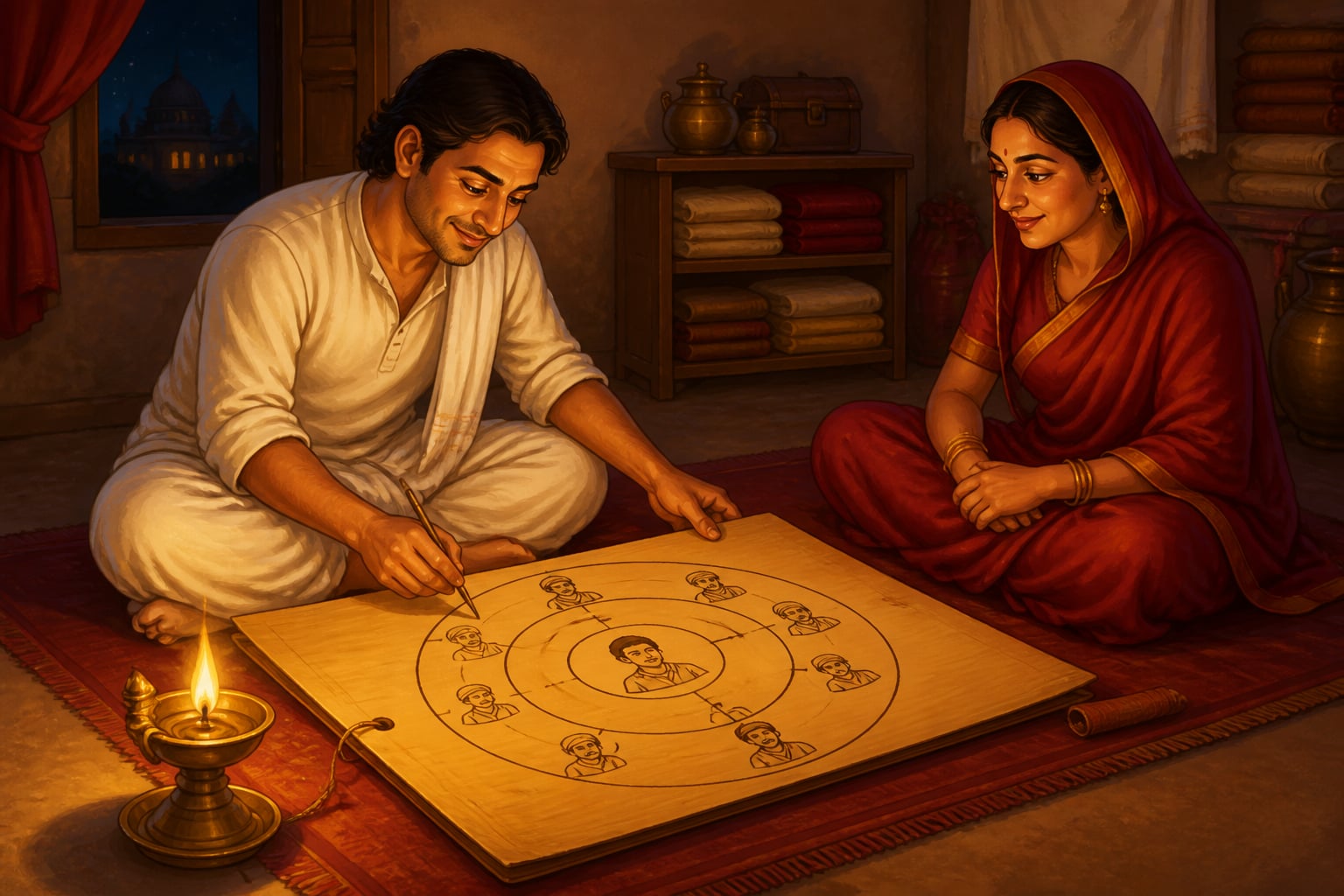 Devadatta drawing his strategic mandala by lamplight at home
