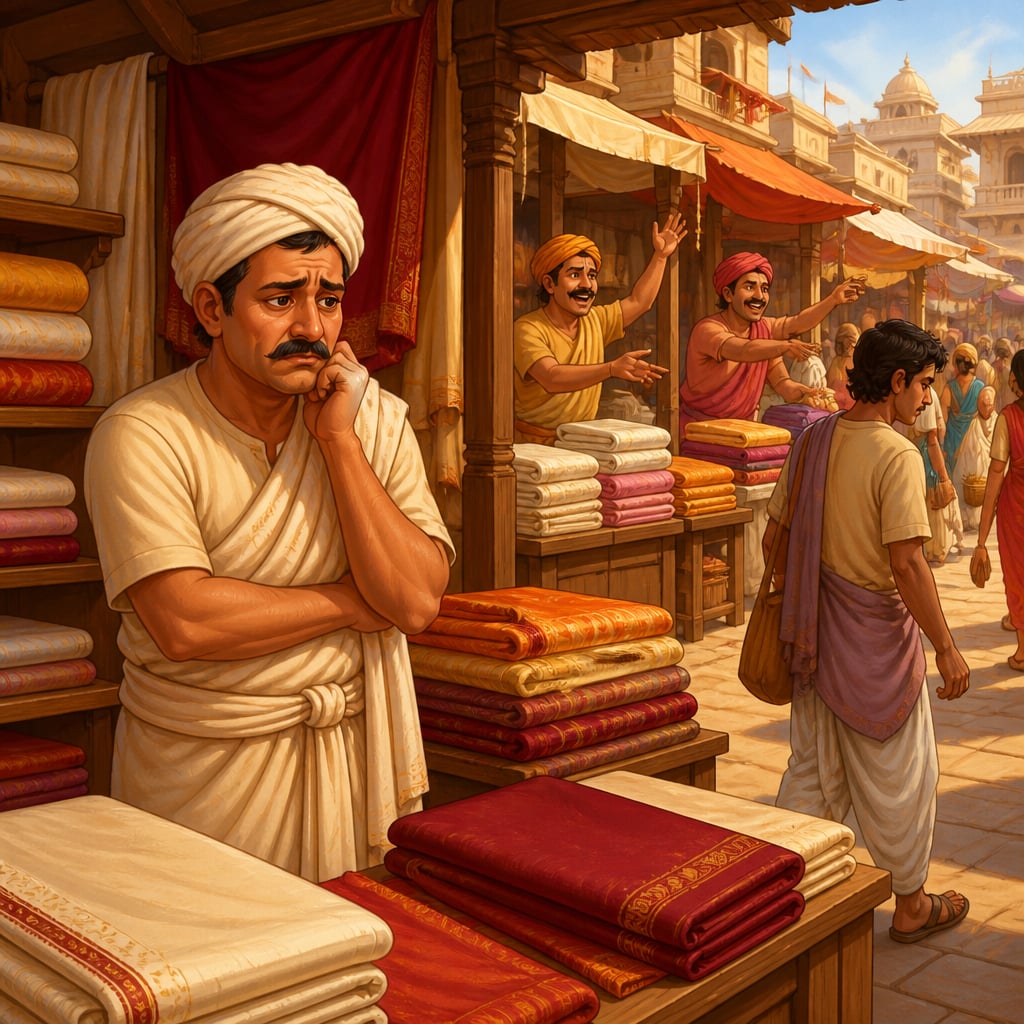 Cloth merchant Devadatta facing ruin at his Pataliputra stall