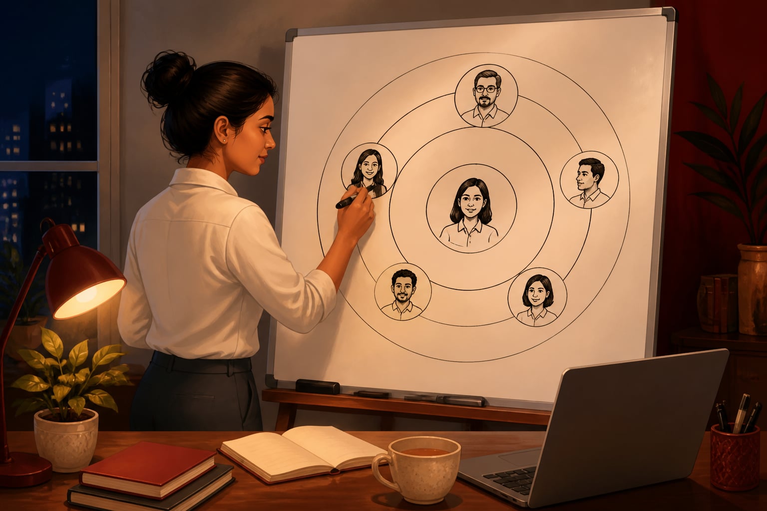 Young professional sketching her career mandala on an office whiteboard
