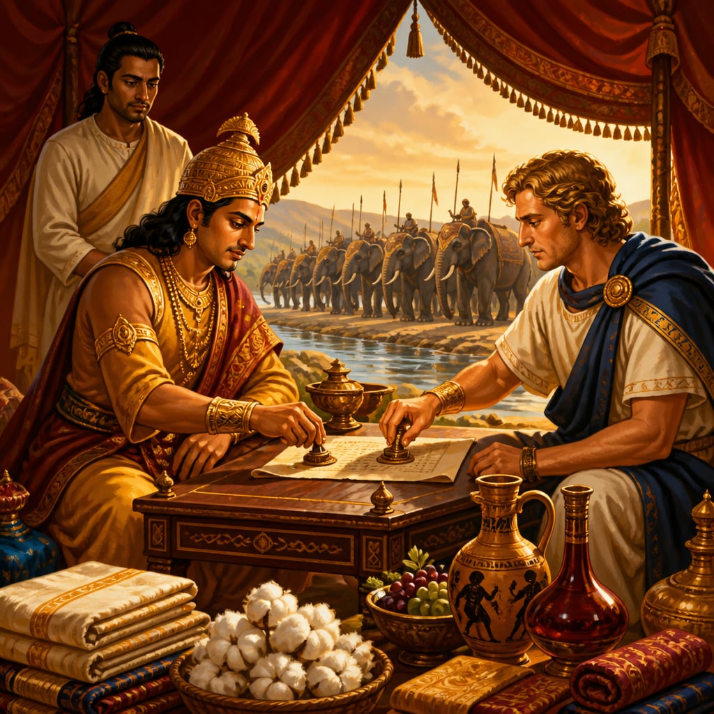 Chandragupta and Seleucus signing the peace treaty at the Indus, 303 BCE
