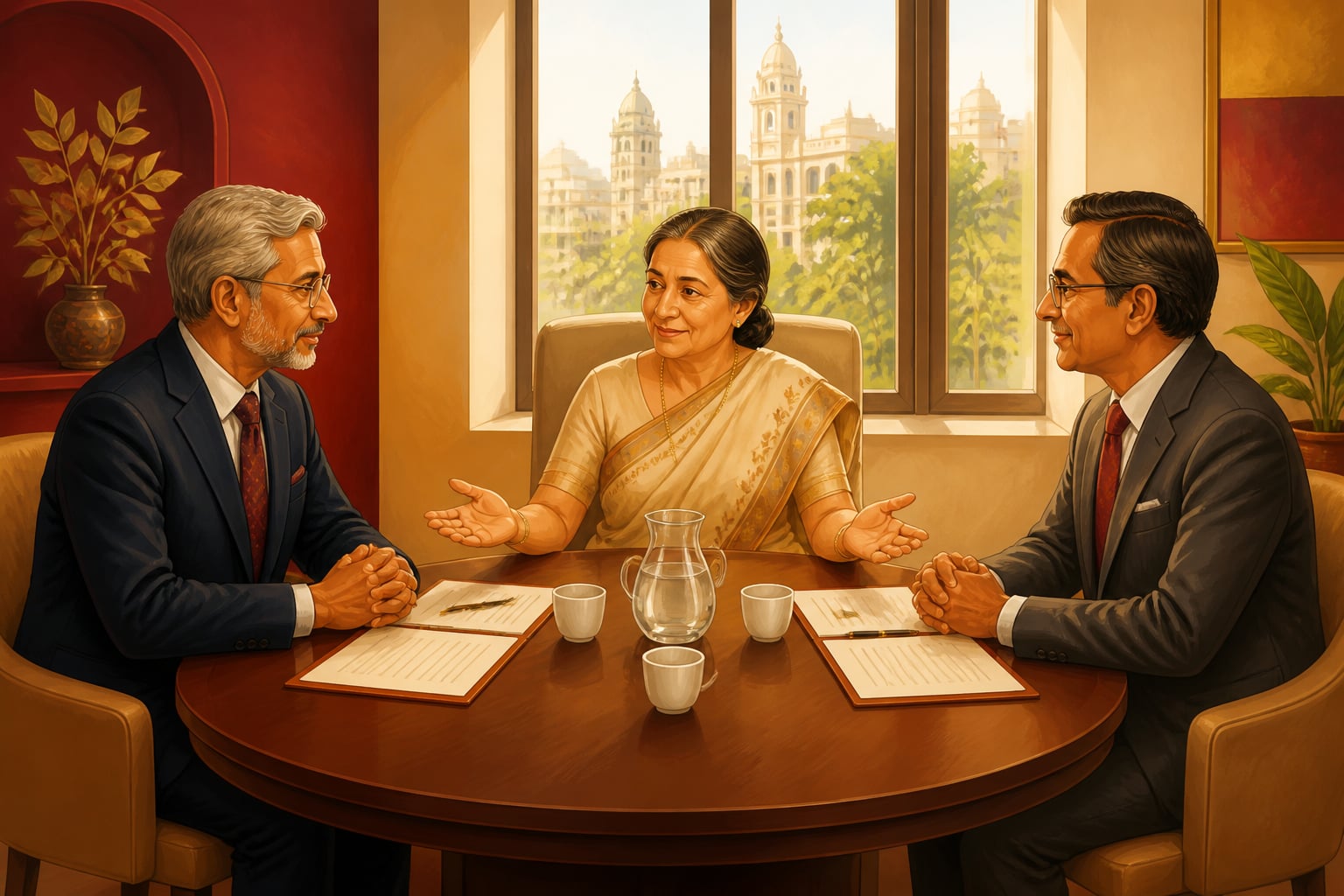 Two business executives reaching settlement in a Mumbai mediation chamber
