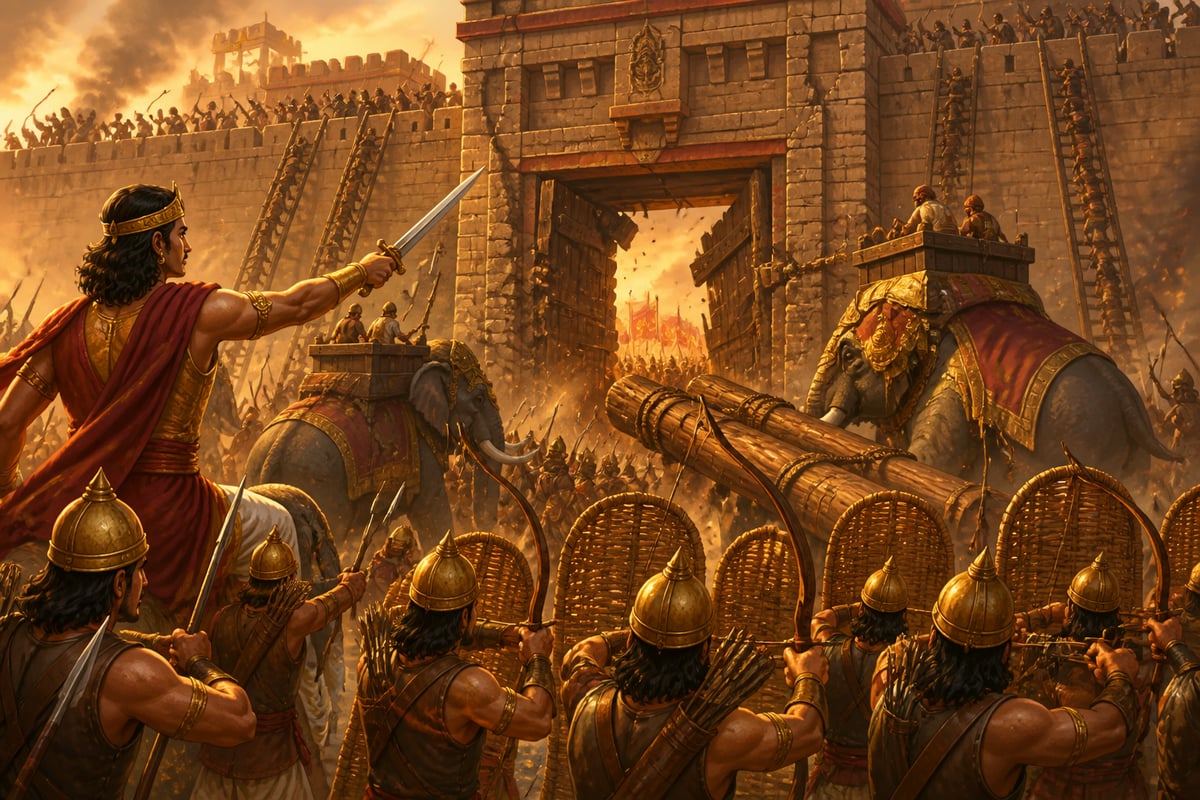Chandragupta storming the gates of Pataliputra against the Nanda dynasty, 322 BCE