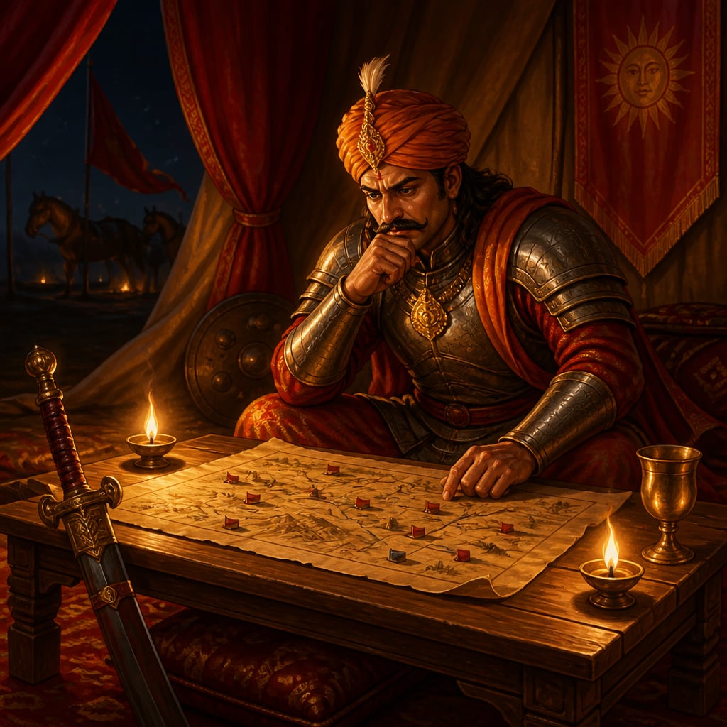 Prithviraj Chauhan in his command tent the night before the second battle of Tarain, 1192
