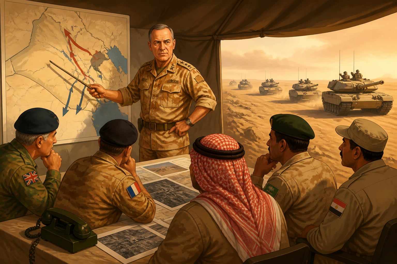 General Schwarzkopf briefing coalition commanders during Desert Storm, 1991