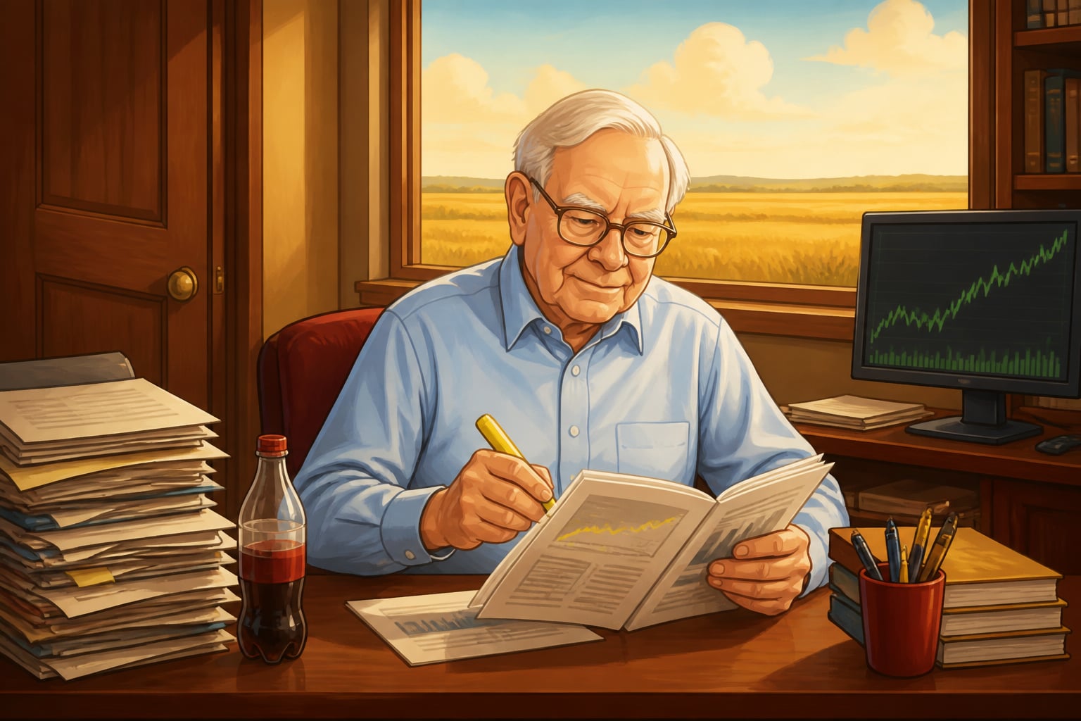 Warren Buffett reading an annual report at his Omaha desk