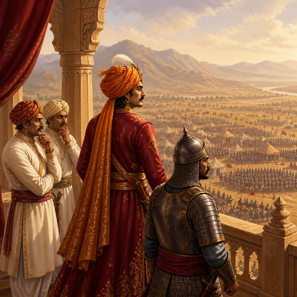 Rana Sanga of Mewar watching from his palace terrace as Babur and Lodi clash at Panipat, 1526