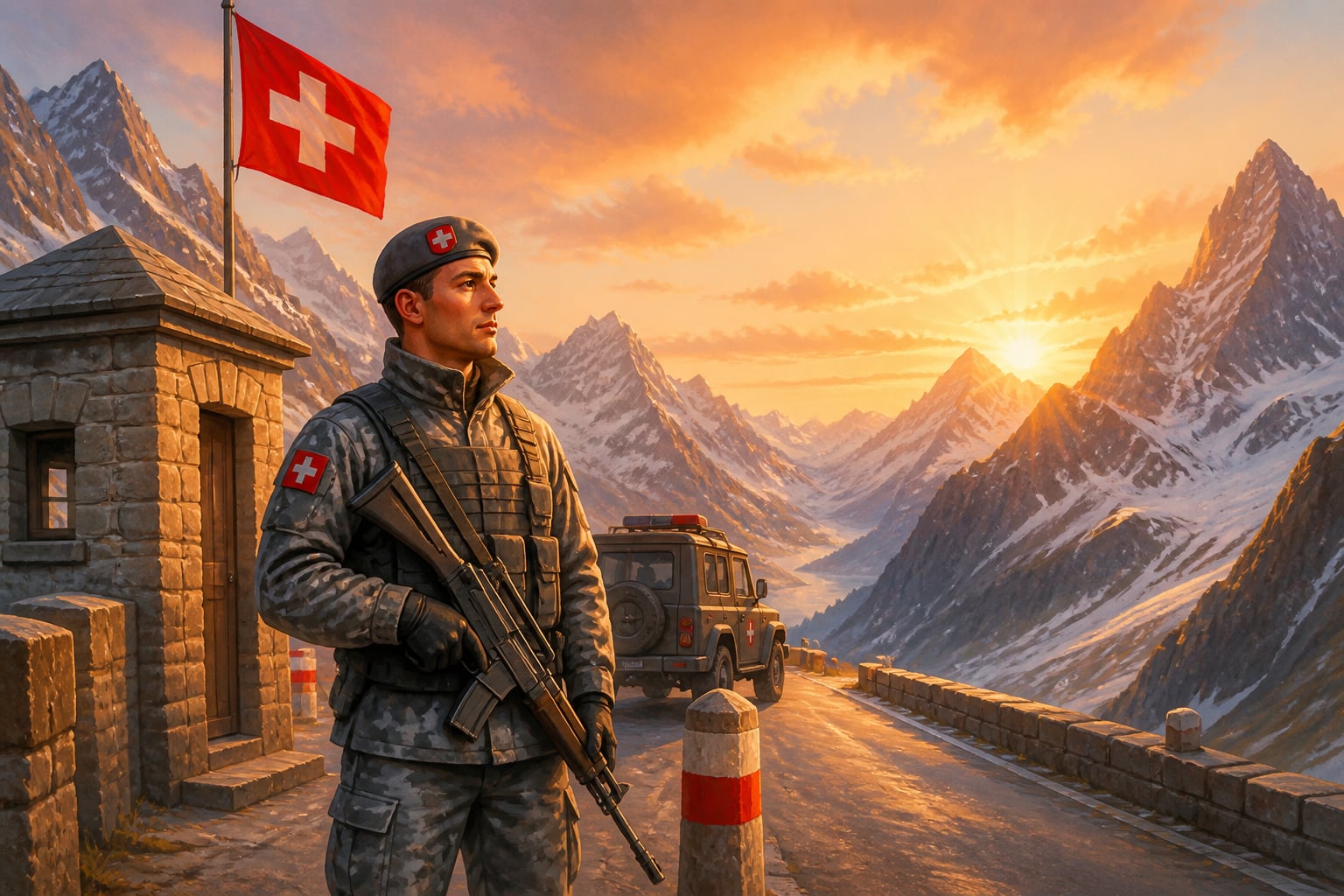 A Swiss Army border guard on watch at an Alpine mountain pass at sunrise