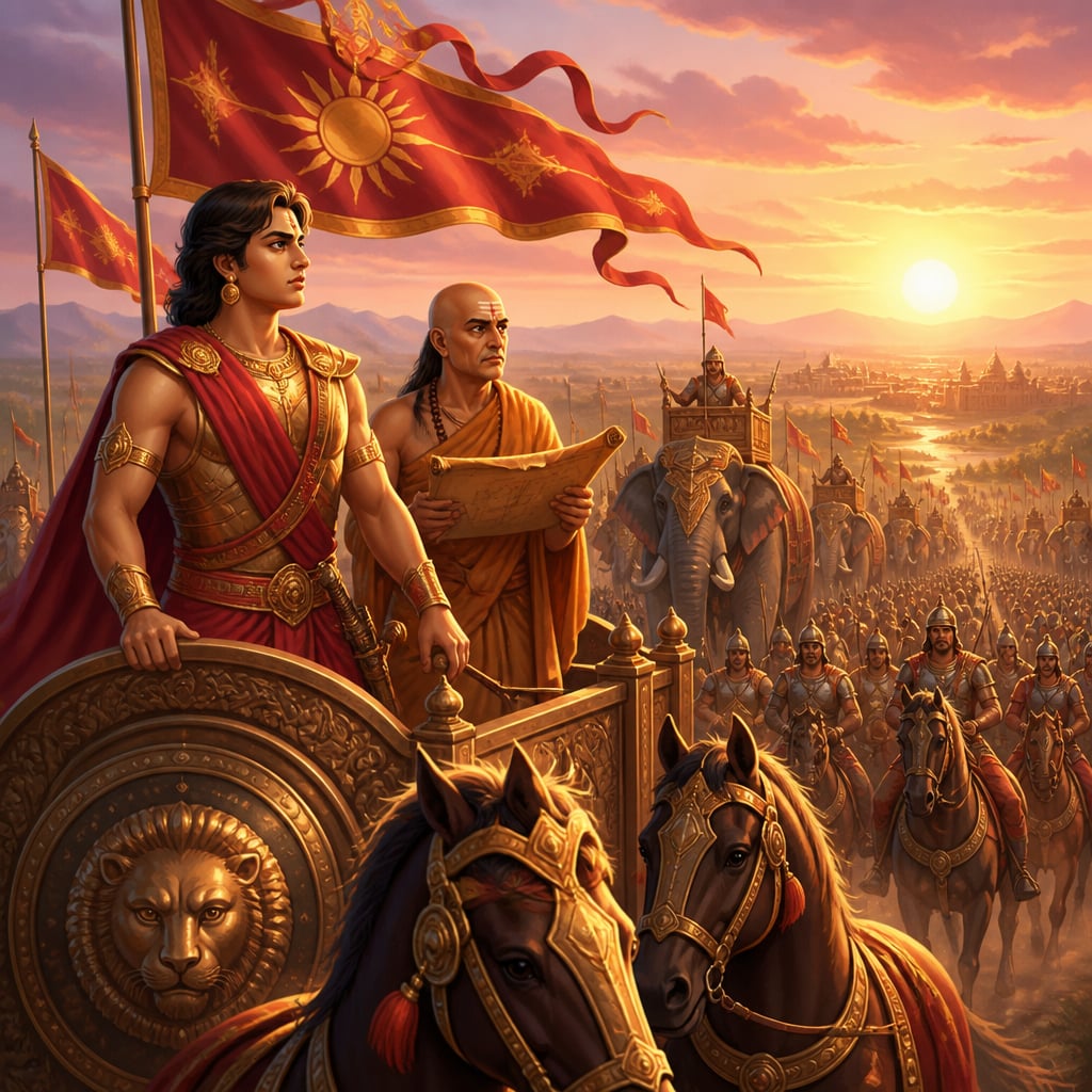 Chandragupta and Kautilya at the head of the dawn Mauryan march, 322 BCE