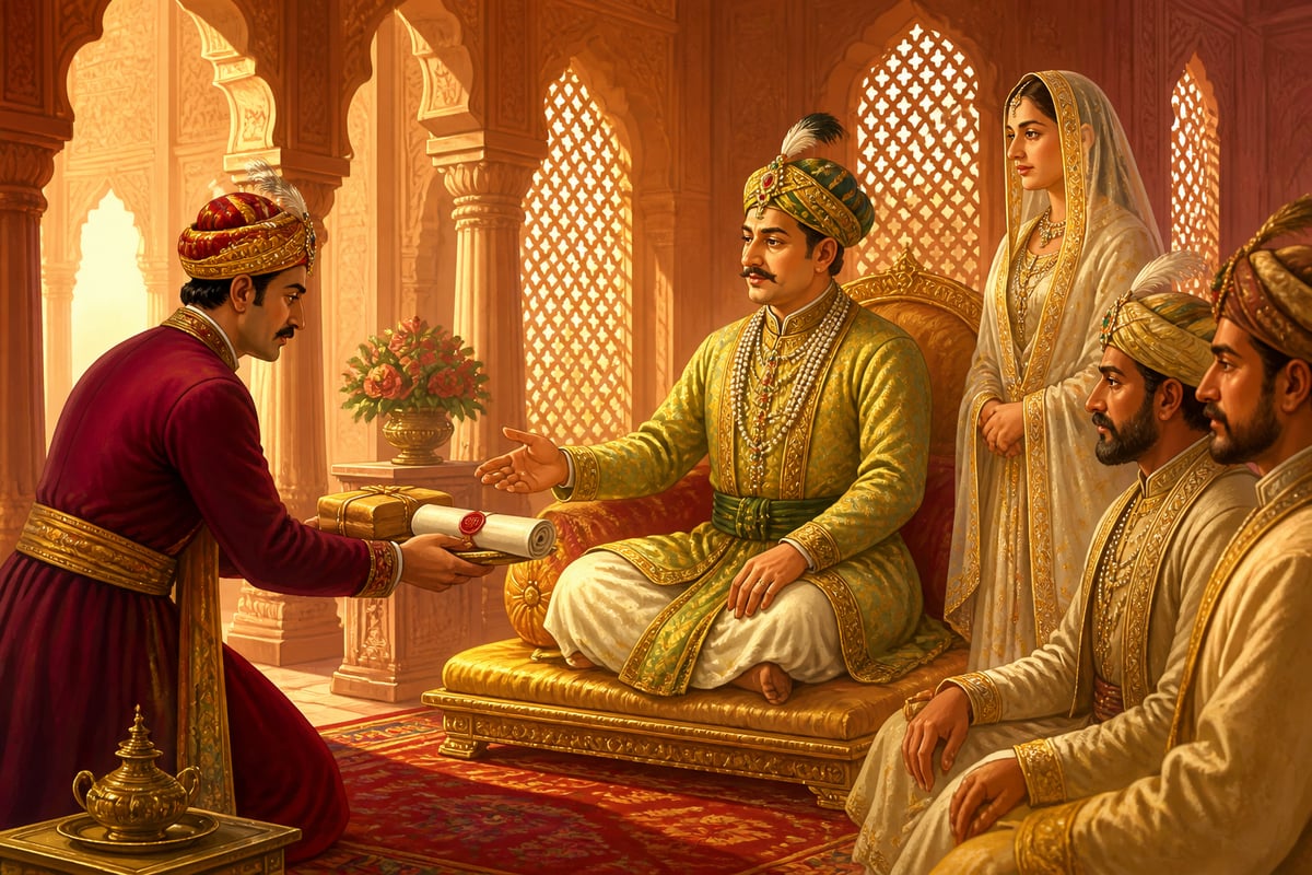 Raja Man Singh of Amber presenting alliance tribute at Akbar's Mughal darbar