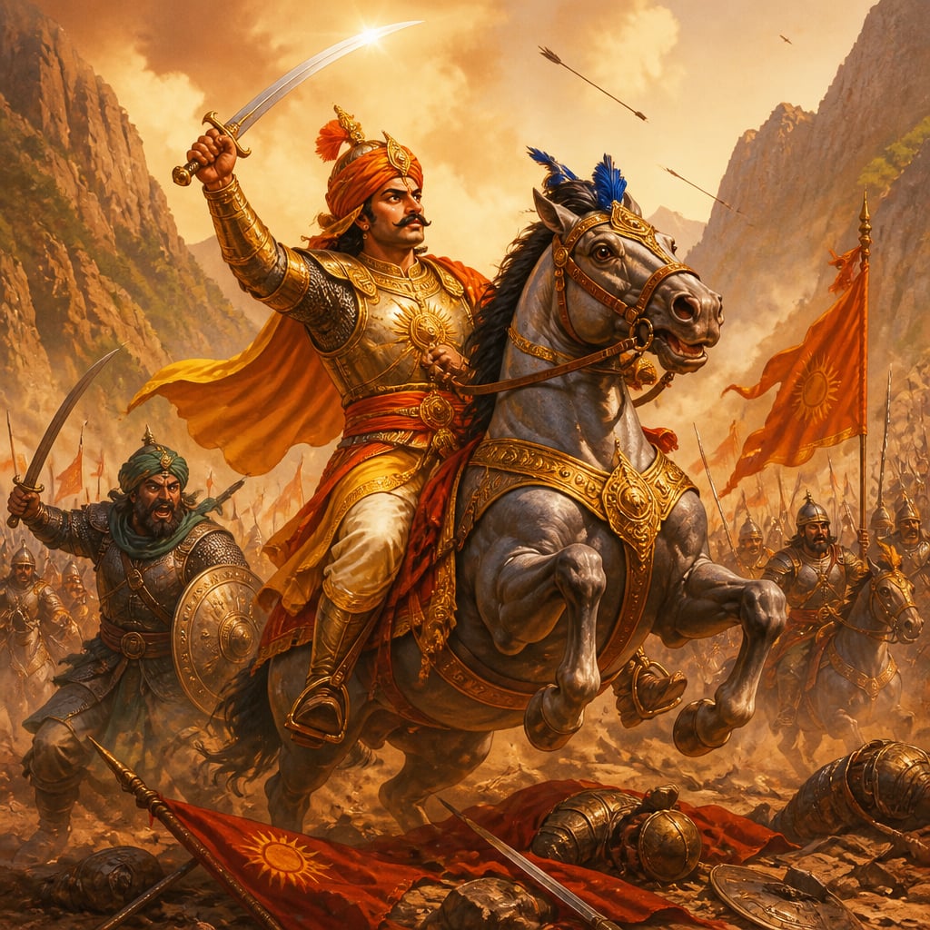 Rana Pratap Singh fighting on Chetak at the Battle of Haldighati, 1576