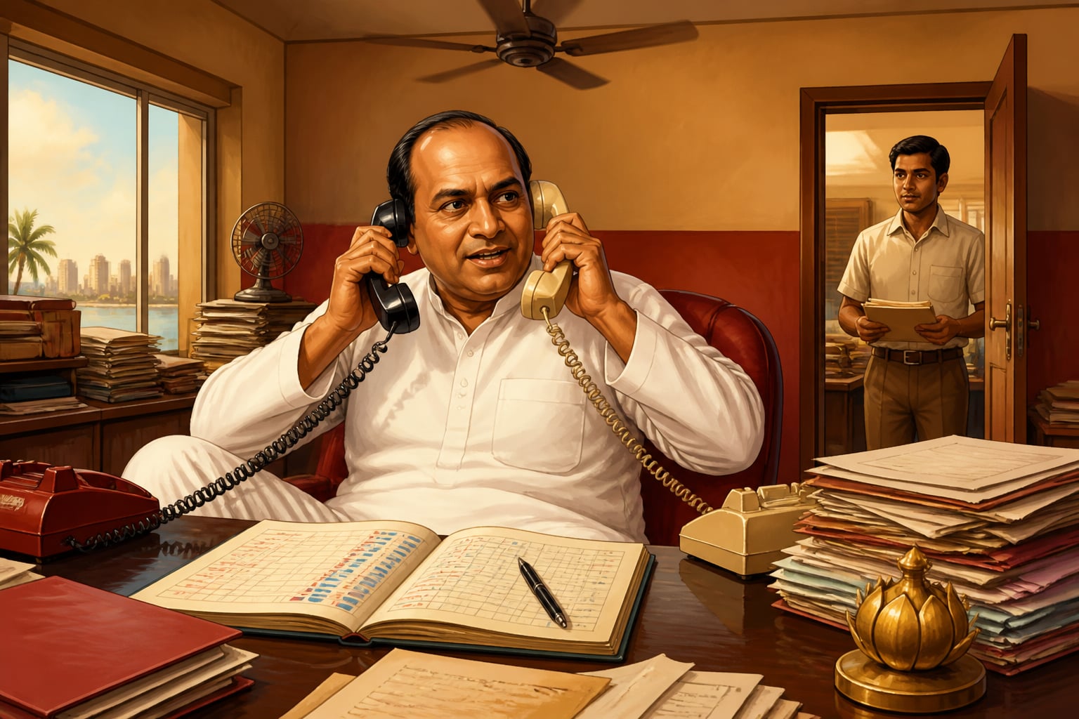 Dhirubhai Ambani working two telephone lines simultaneously at his Bombay office