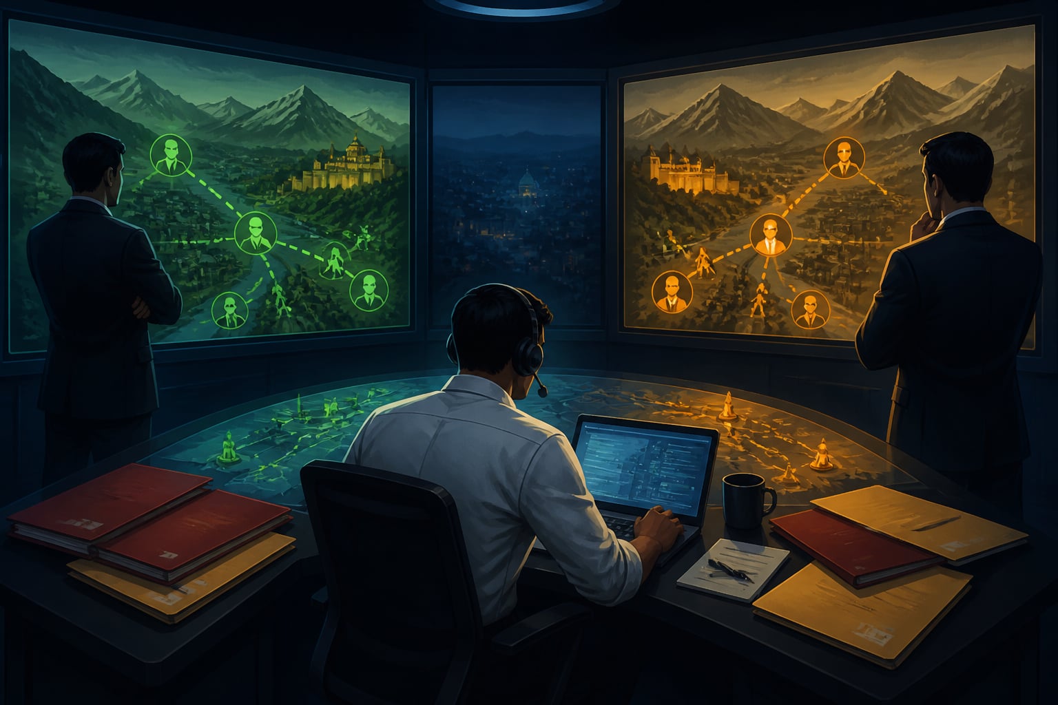 A modern intelligence agency situation room running dual operations at midnight