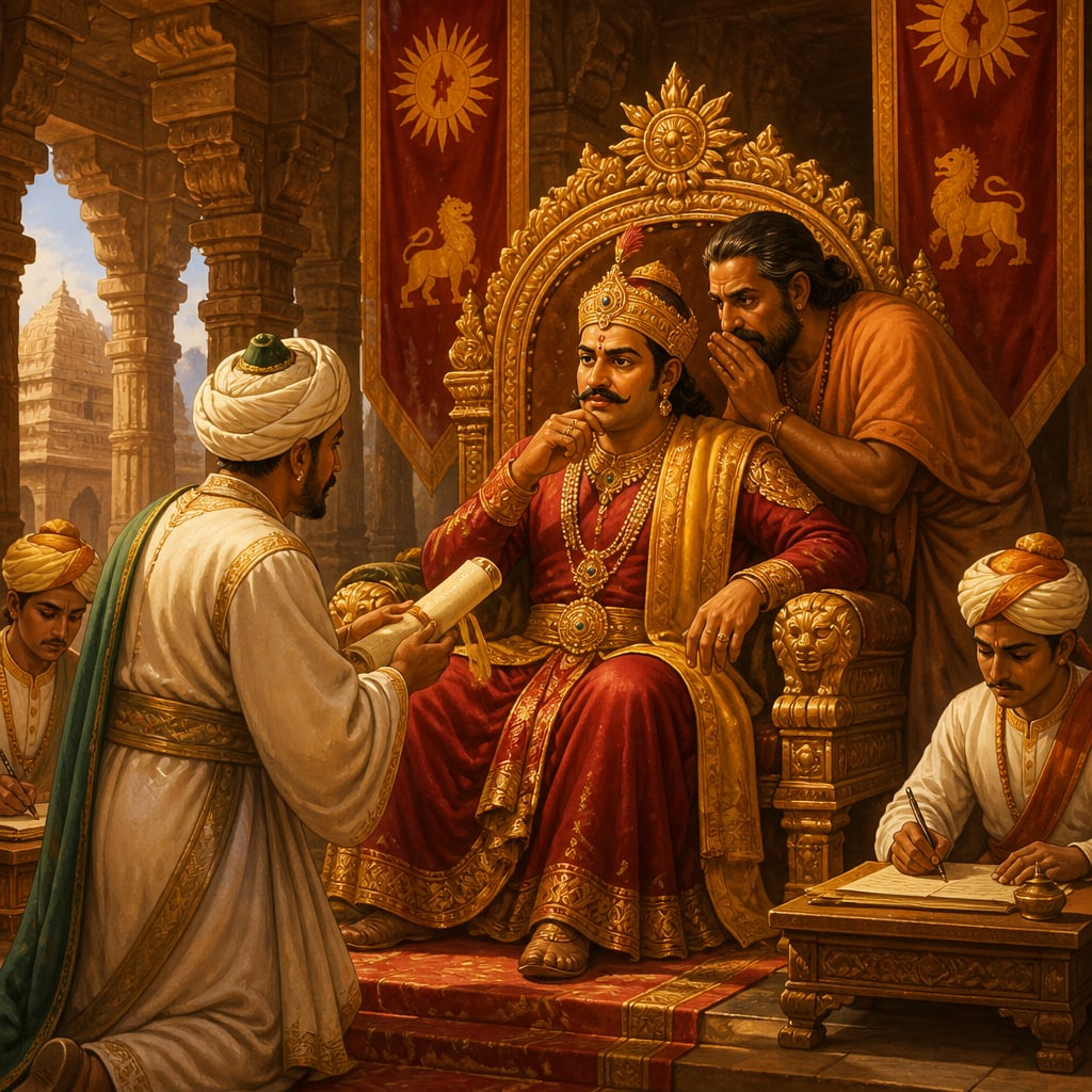 Krishnadevaraya receiving the Bijapur embassy while his advisor whispers opposing counsel