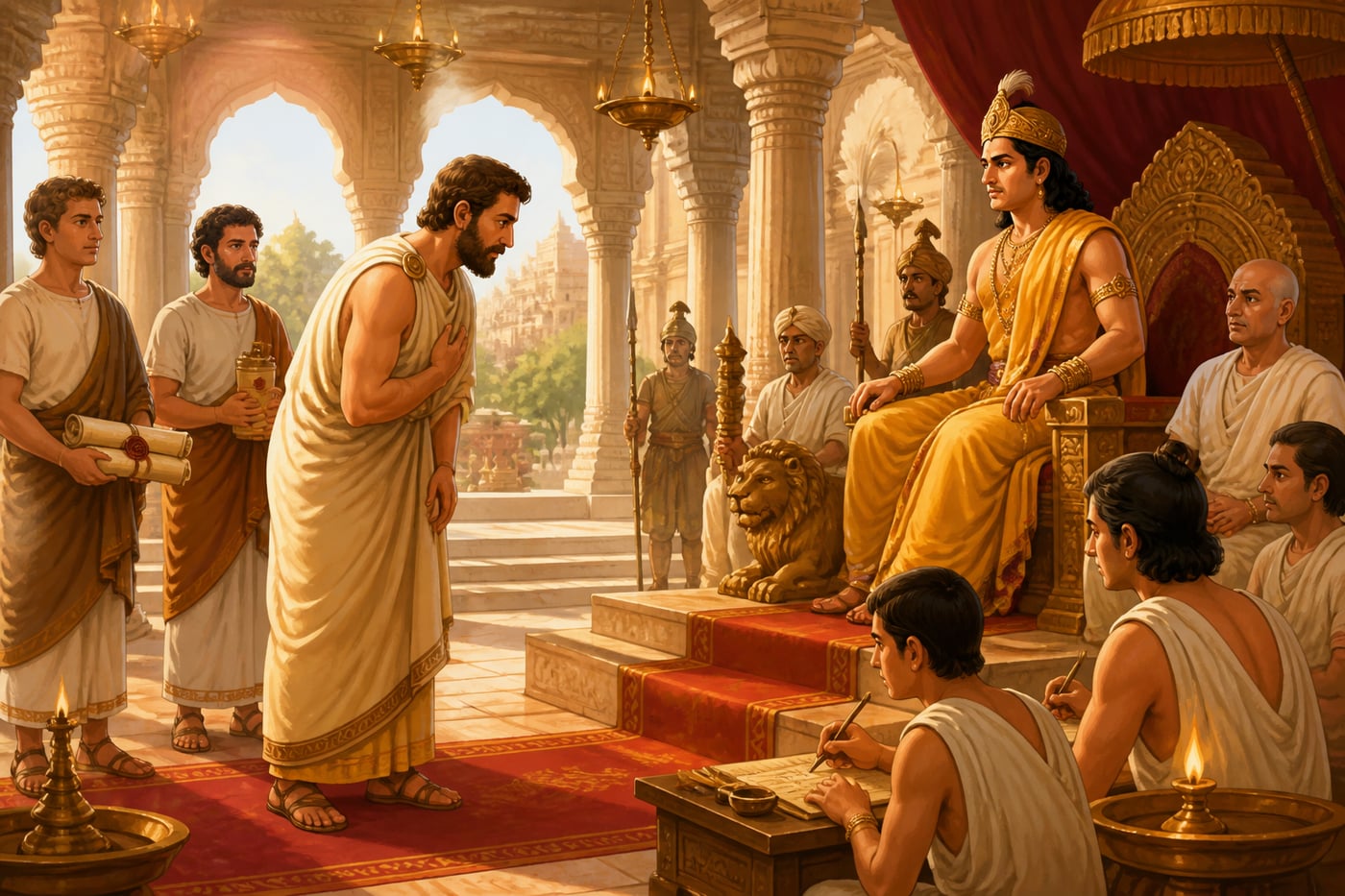 Megasthenes presenting credentials at the Mauryan court at Pataliputra