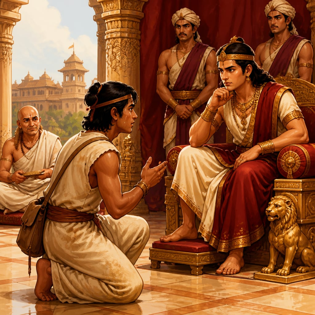 Young Mauryan messenger reporting enemy intelligence to Chandragupta