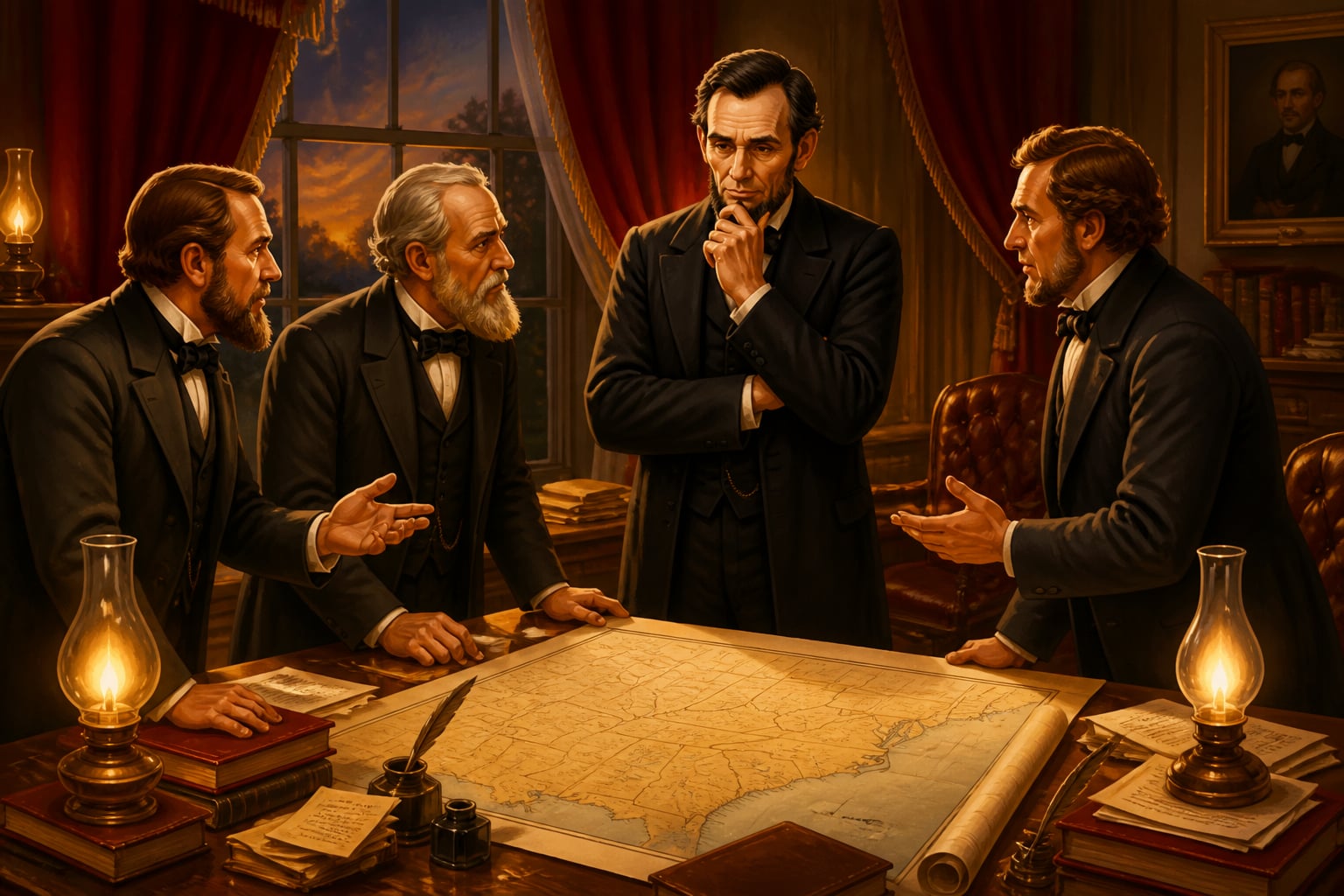Lincoln at his White House desk during an 1864 cabinet briefing