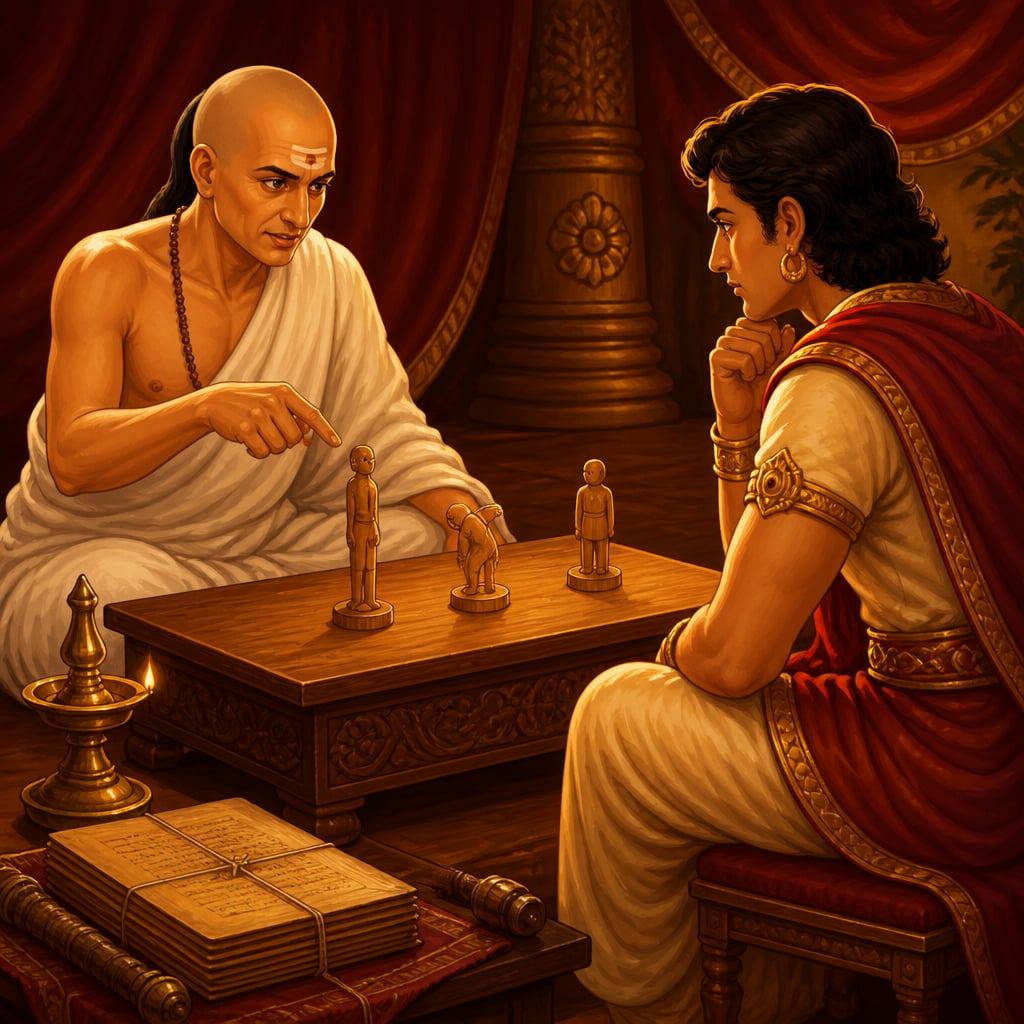 Kautilya teaching Chandragupta the three power positions with carved tokens