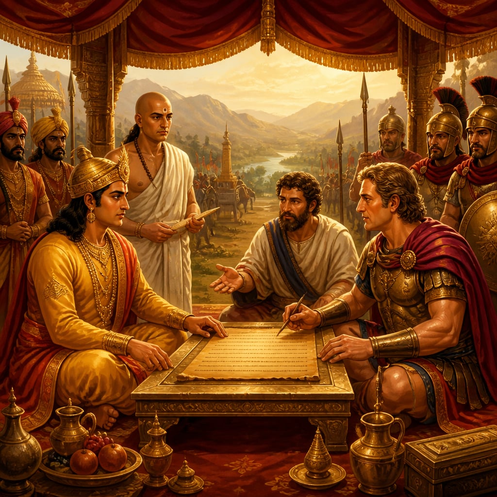 Chandragupta and Seleucus at the treaty pavilion in 305 BCE