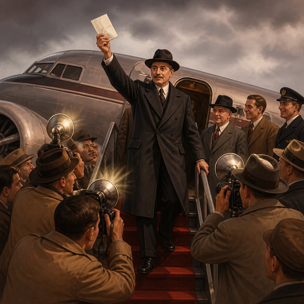 Chamberlain waving the Munich Agreement paper at Heston Aerodrome