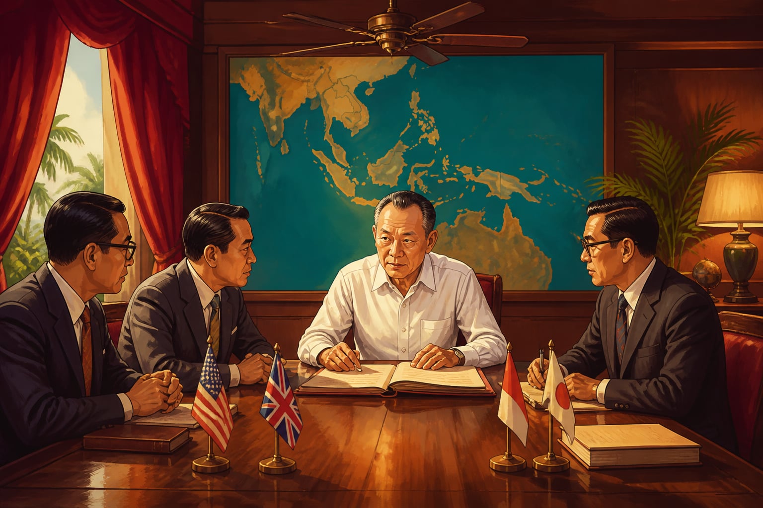 Lee Kuan Yew with ministers at the Istana reviewing alliance options