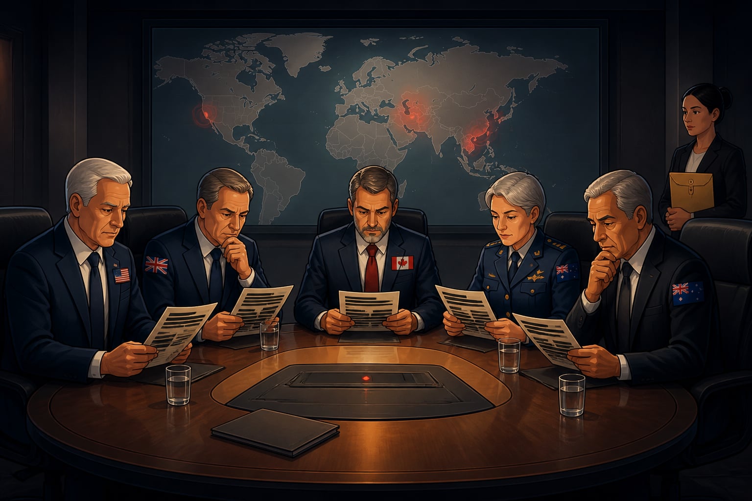 Five Eyes intelligence officers around a secure conference table