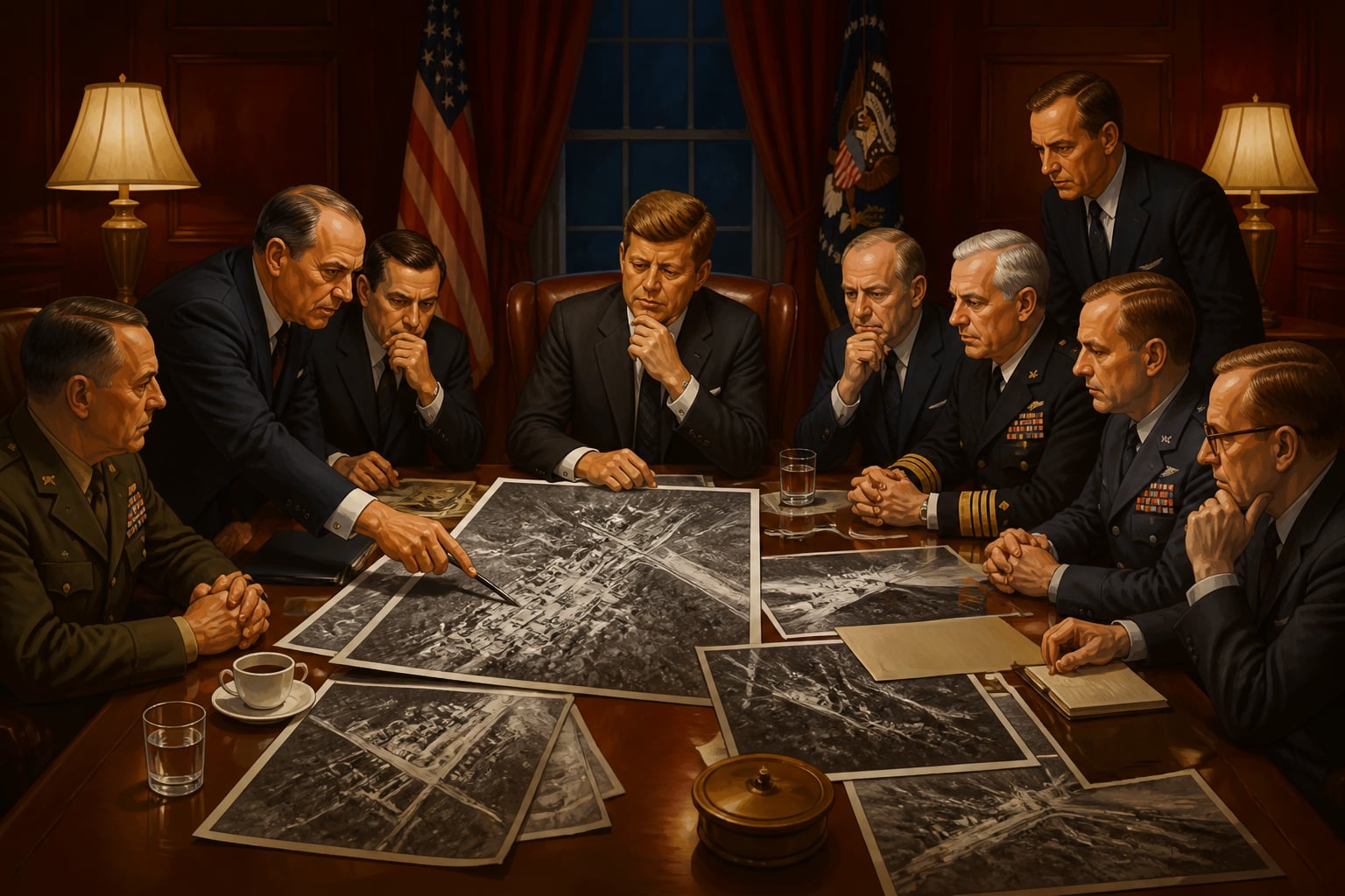 JFK and ExComm reviewing Cuban missile photos in October 1962