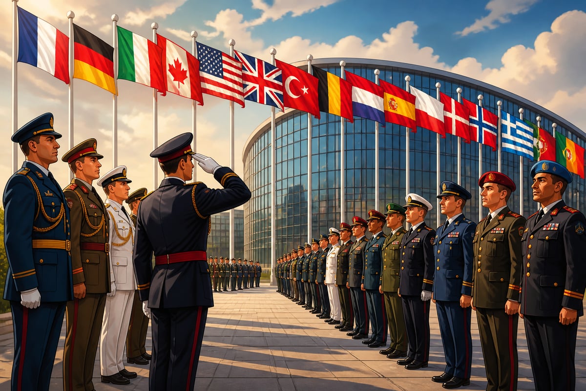 Multi-national NATO troops at a flag-raising ceremony in Brussels