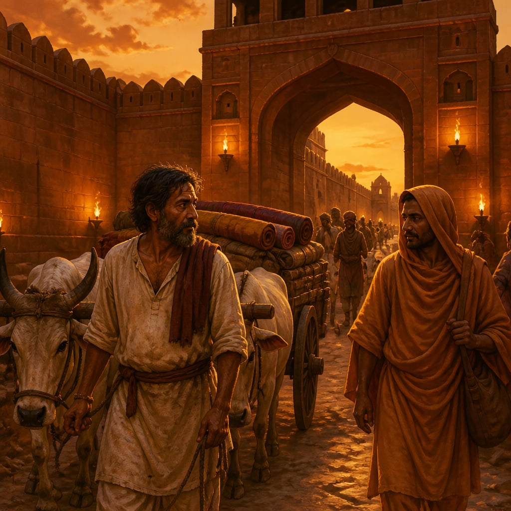 Merchant Vishaka arriving at Pataliputra at dusk