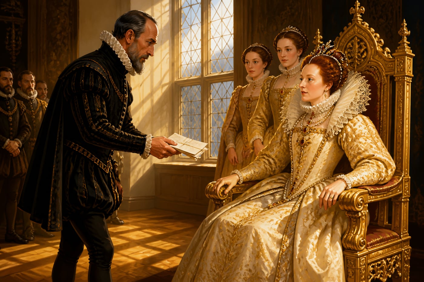Walsingham presenting decoded letters to Elizabeth I