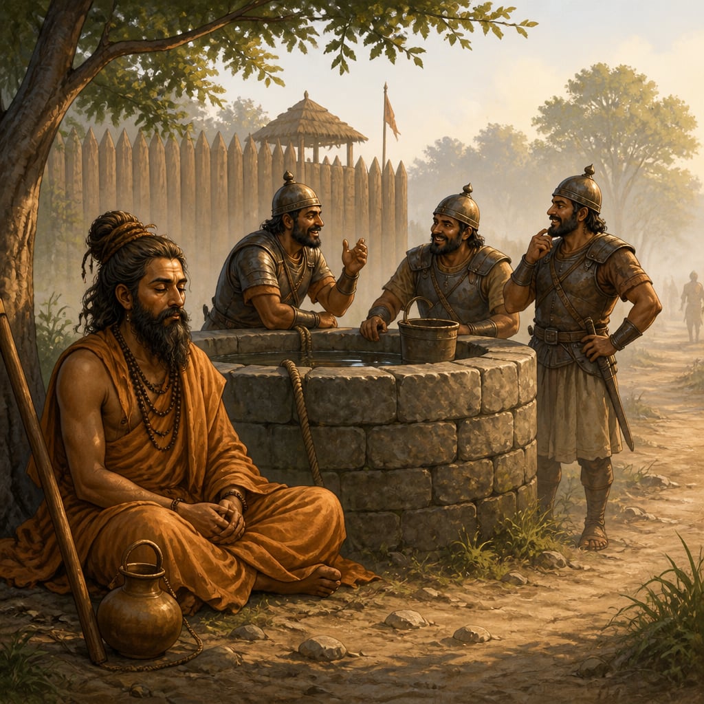 Wandering ascetic Madhava listening at the garrison well