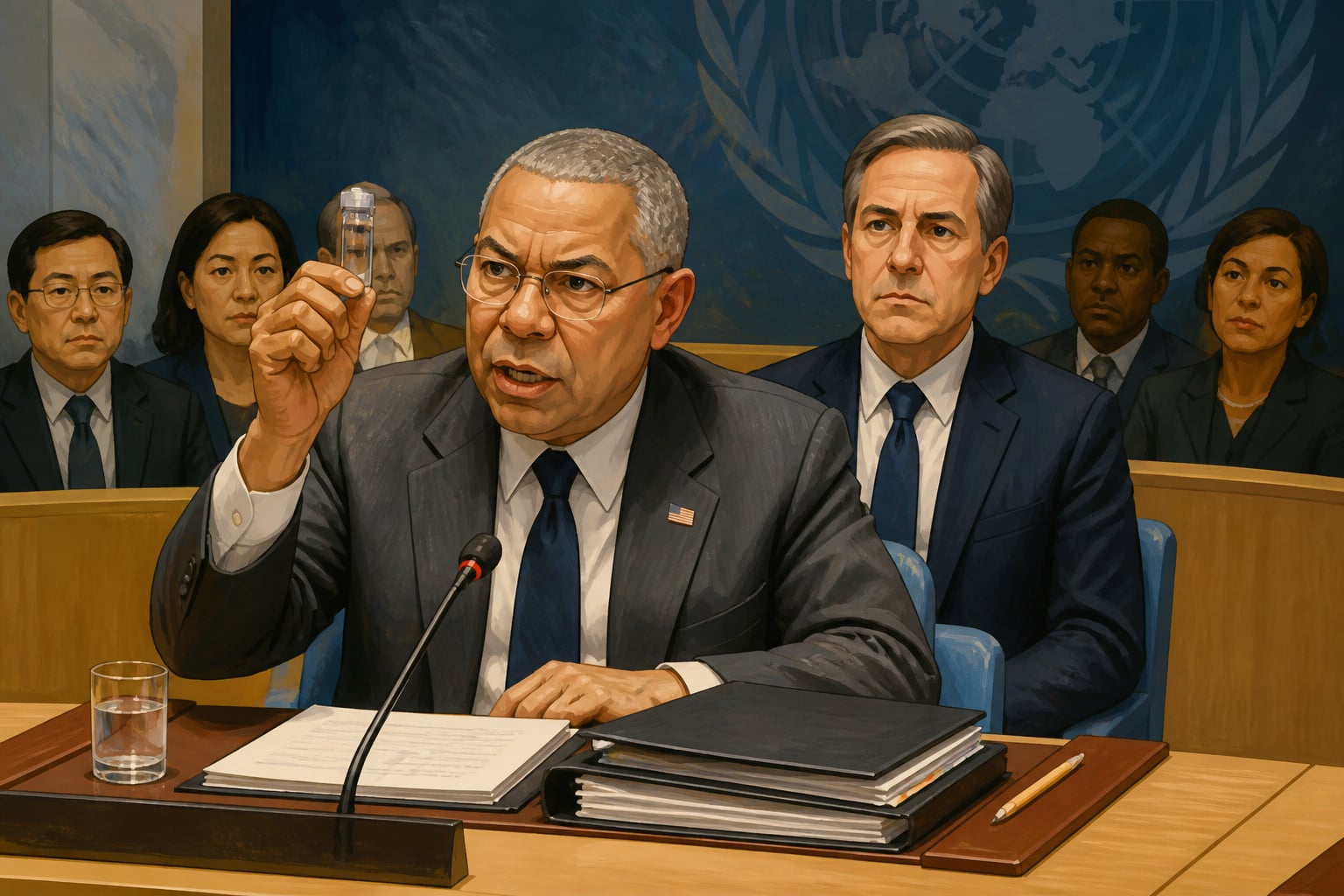 Colin Powell raising the vial at the UN Security Council