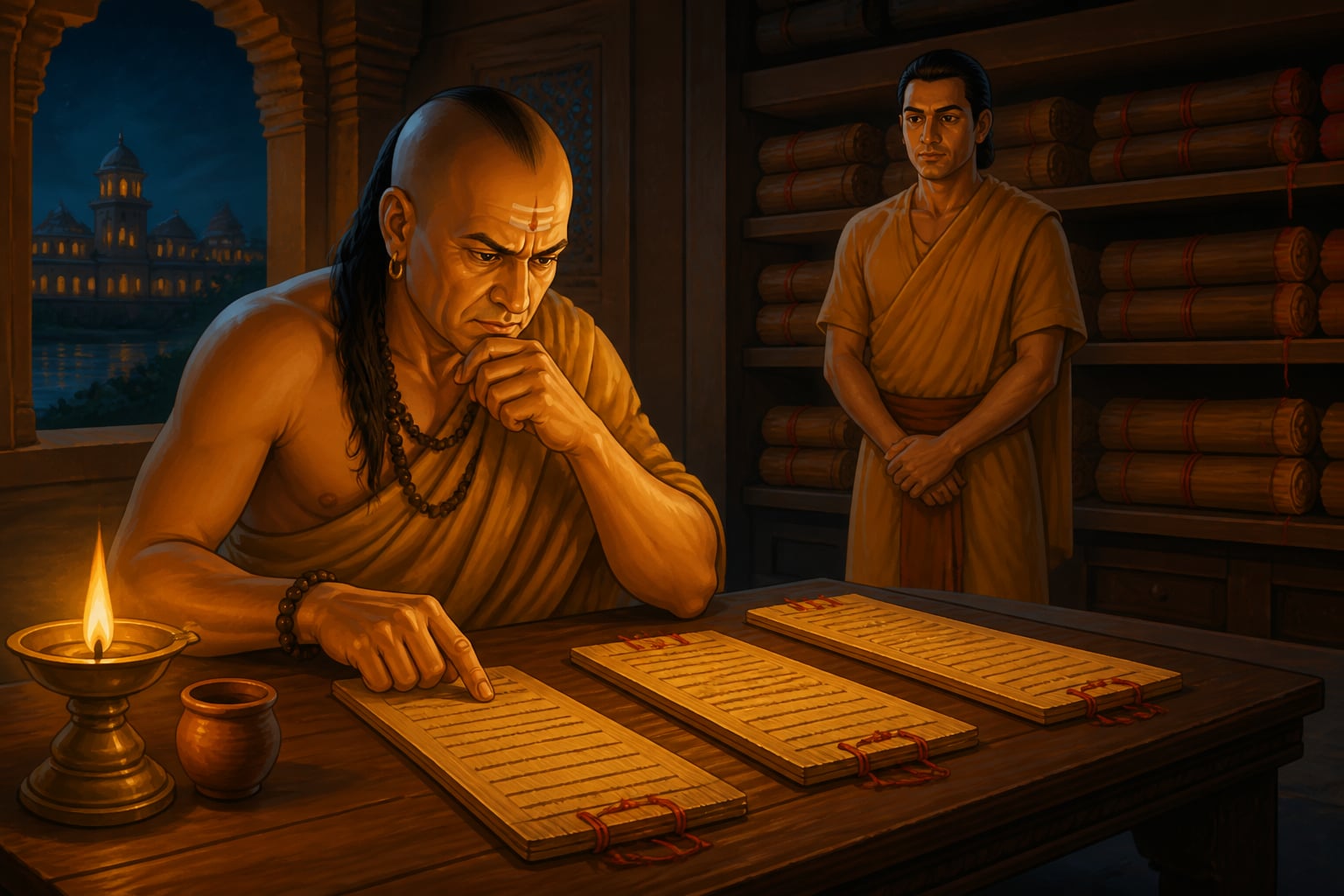 Kautilya cross-checking three spy reports by lamplight