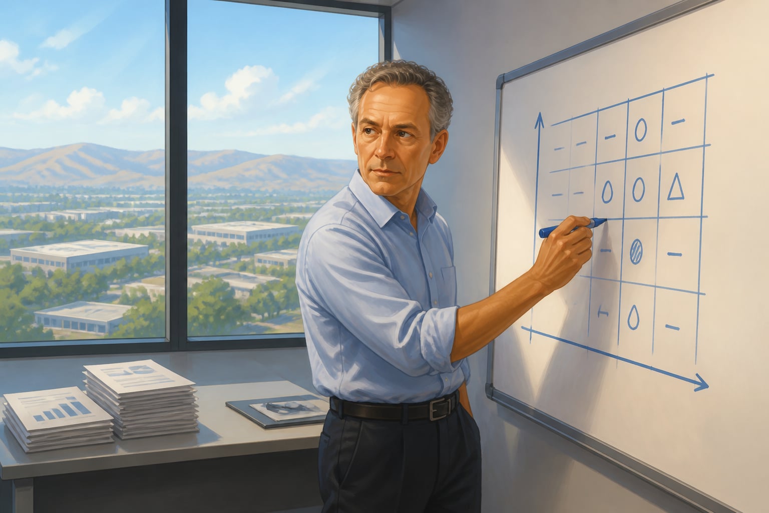 Andy Grove sketching a competitive-threat matrix at Intel