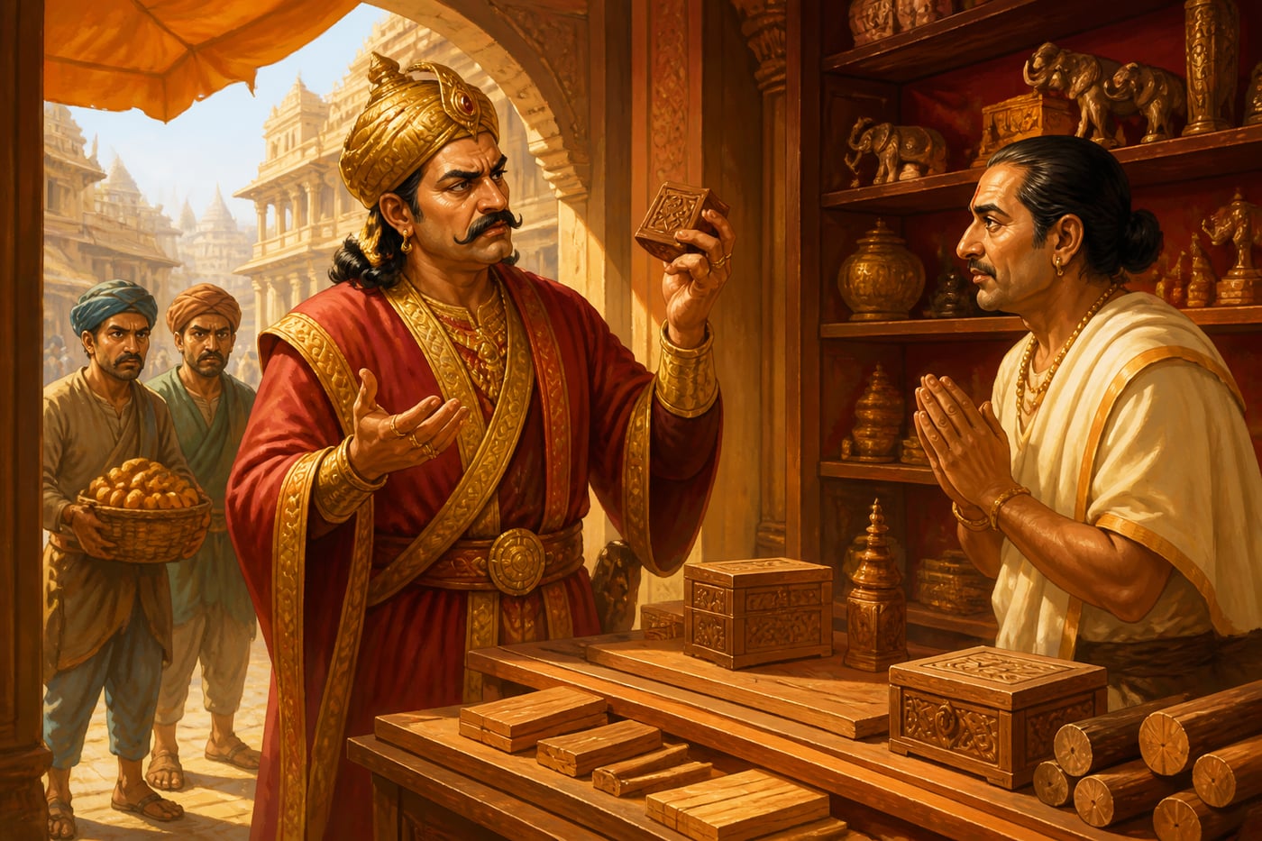 Fake royal official testing Ratnakara at his shop