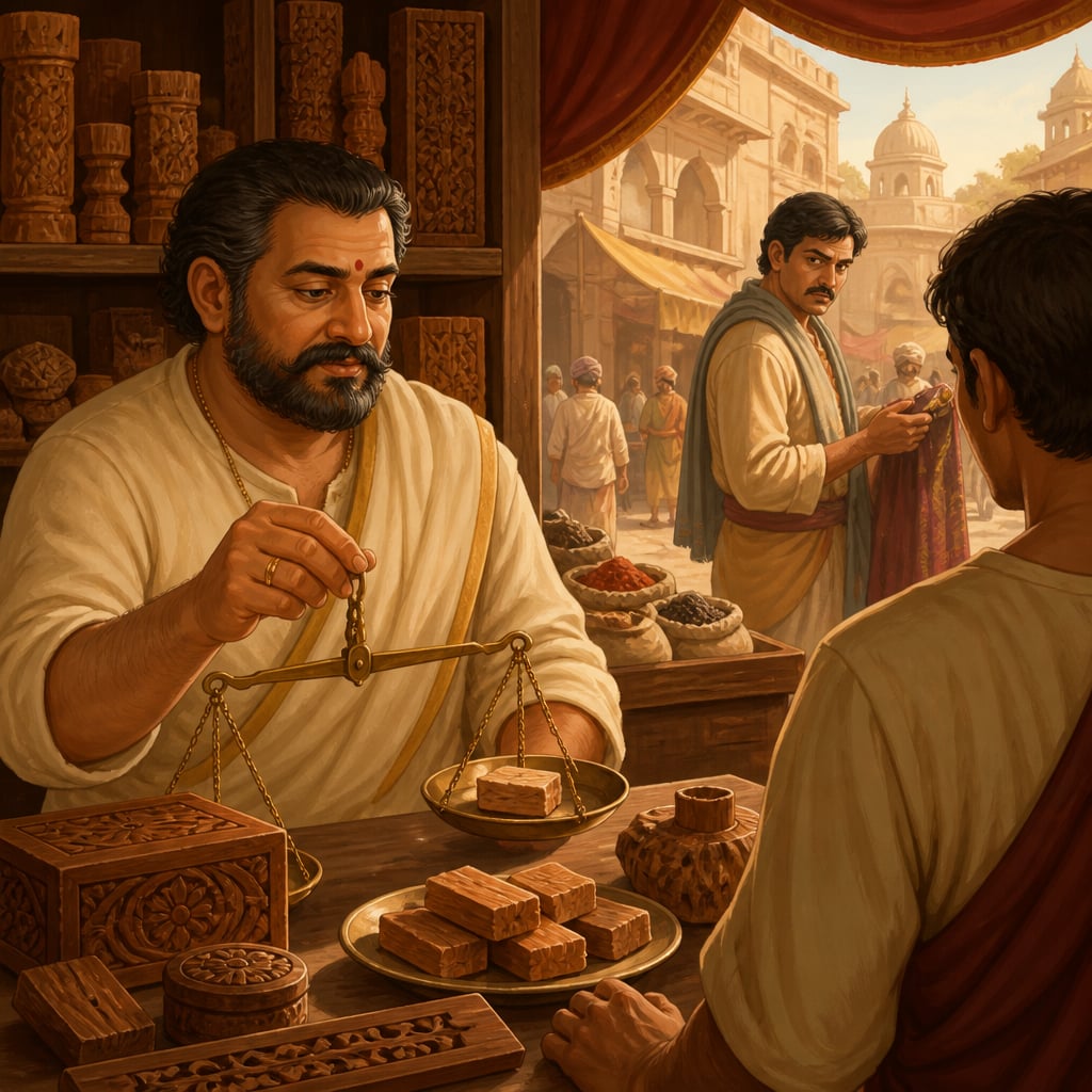 Sandalwood merchant Ratnakara watched from across the bazaar