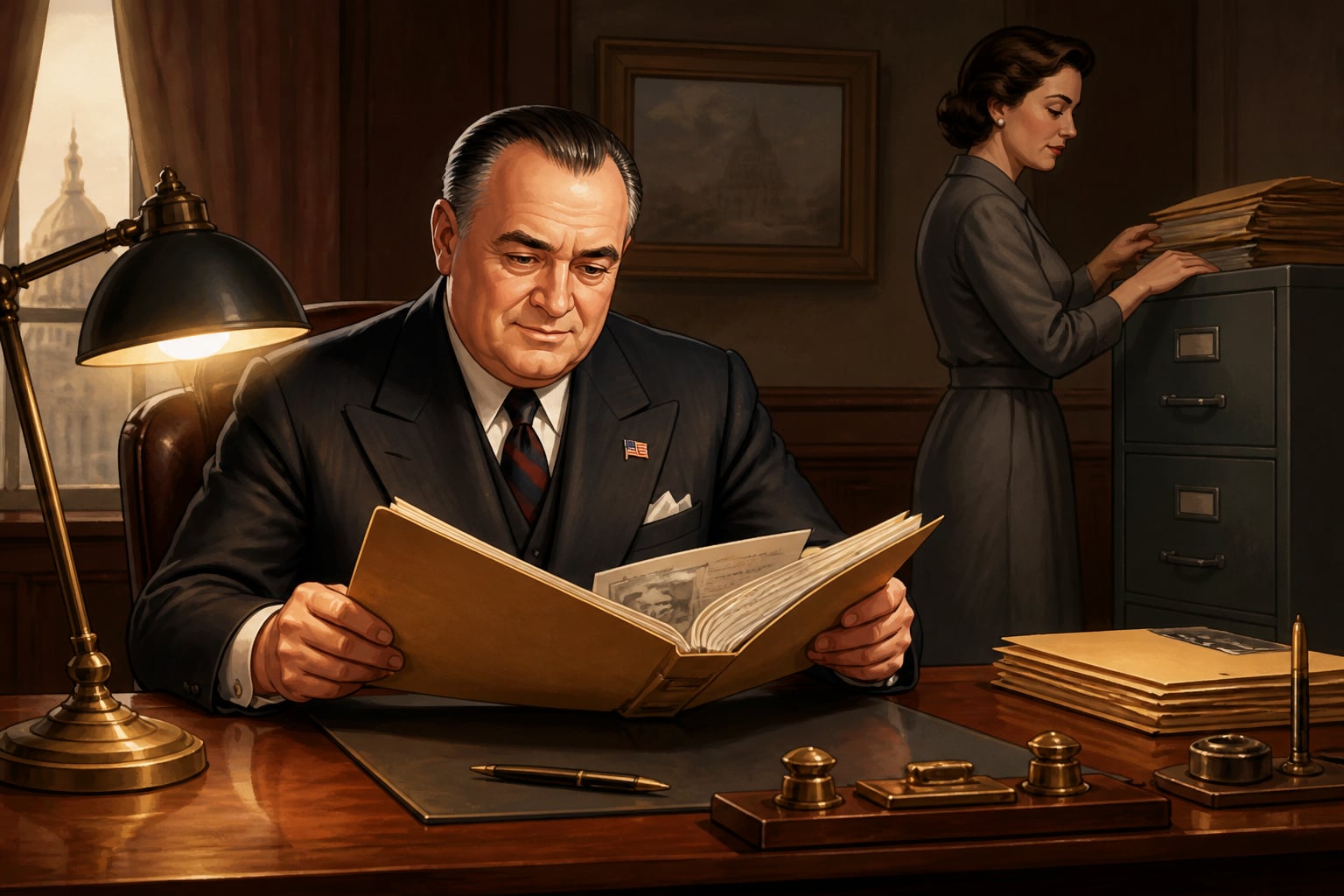 J Edgar Hoover skimming surveillance dossiers at his FBI desk