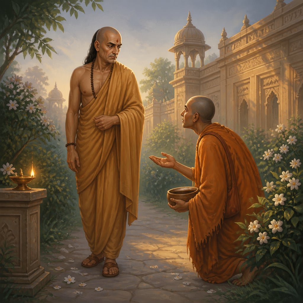 Kautilya and a wandering monk in the pre-dawn garden