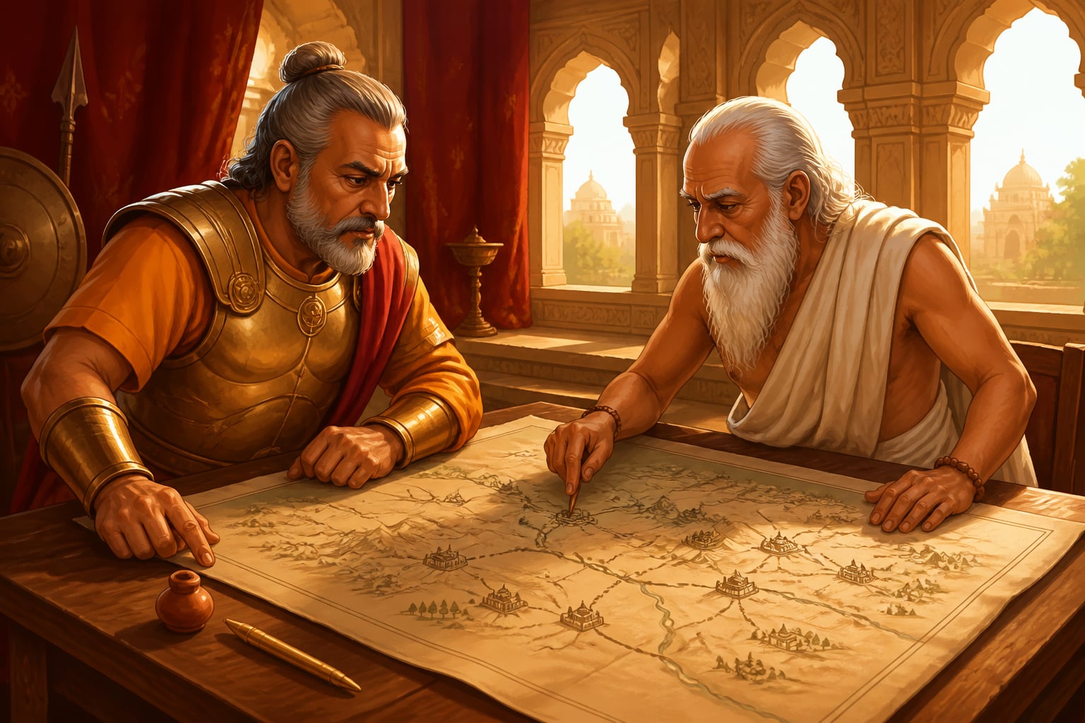 General Bhadrasena and Kautilya studying campaign maps in a Mauryan chamber