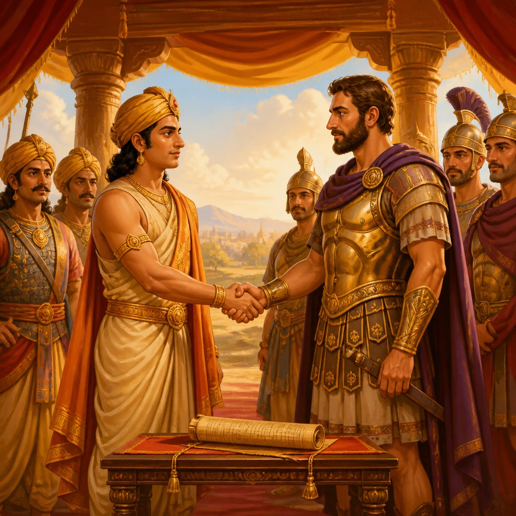 Chandragupta and Seleucus clasping hands at the 303 BCE Mauryan-Seleucid treaty pavilion