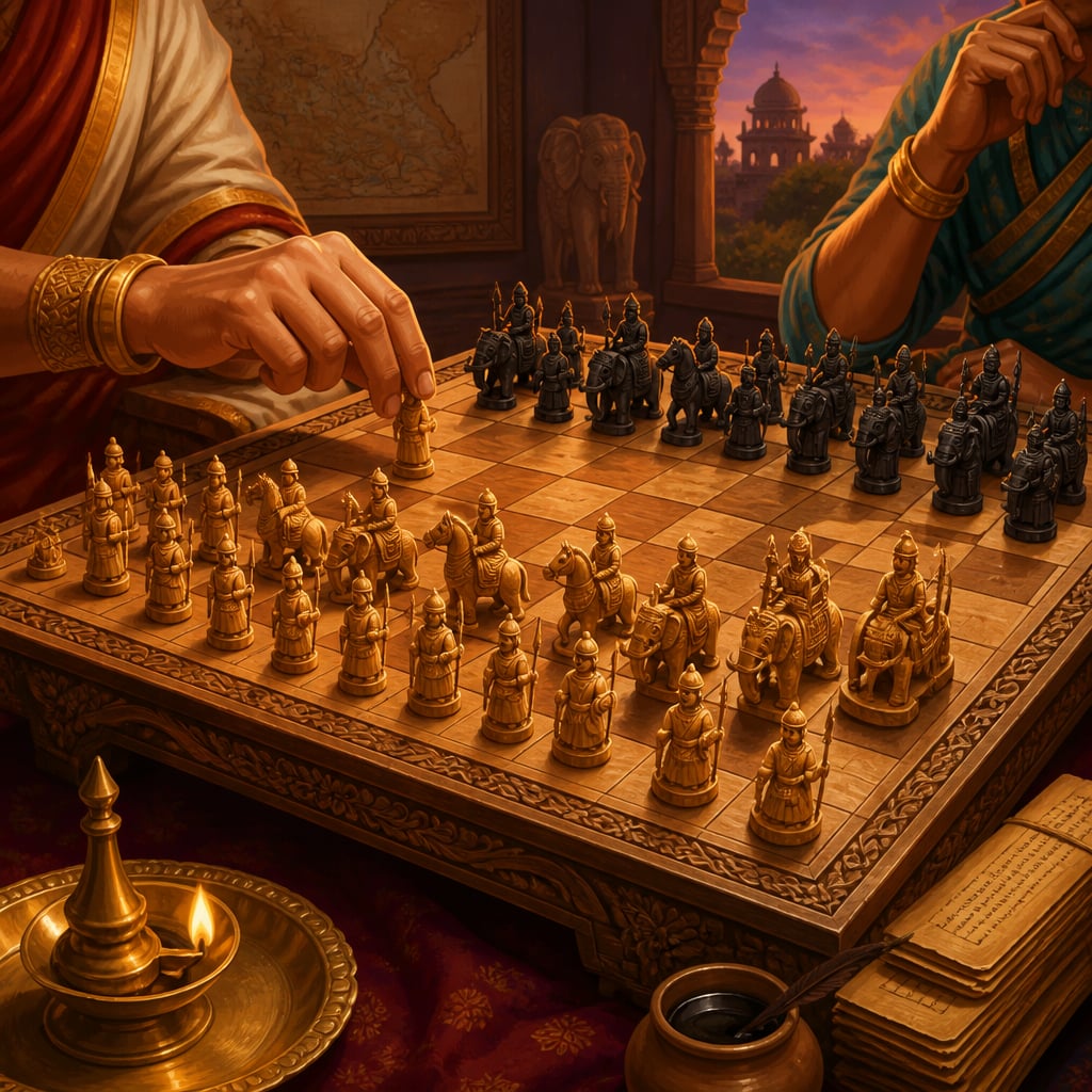 An ancient chaturanga board with carved four-arm pieces in a Mauryan study