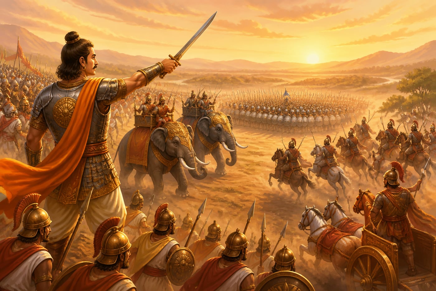 Rudradaman directing his chaturanga forces against a Greek phalanx in the valley