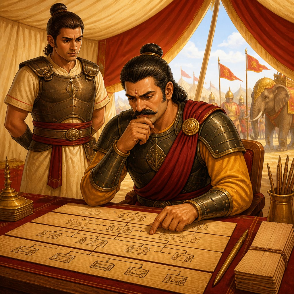 Senapati Kalidasa in his command tent restructuring the Mauryan army's organisation