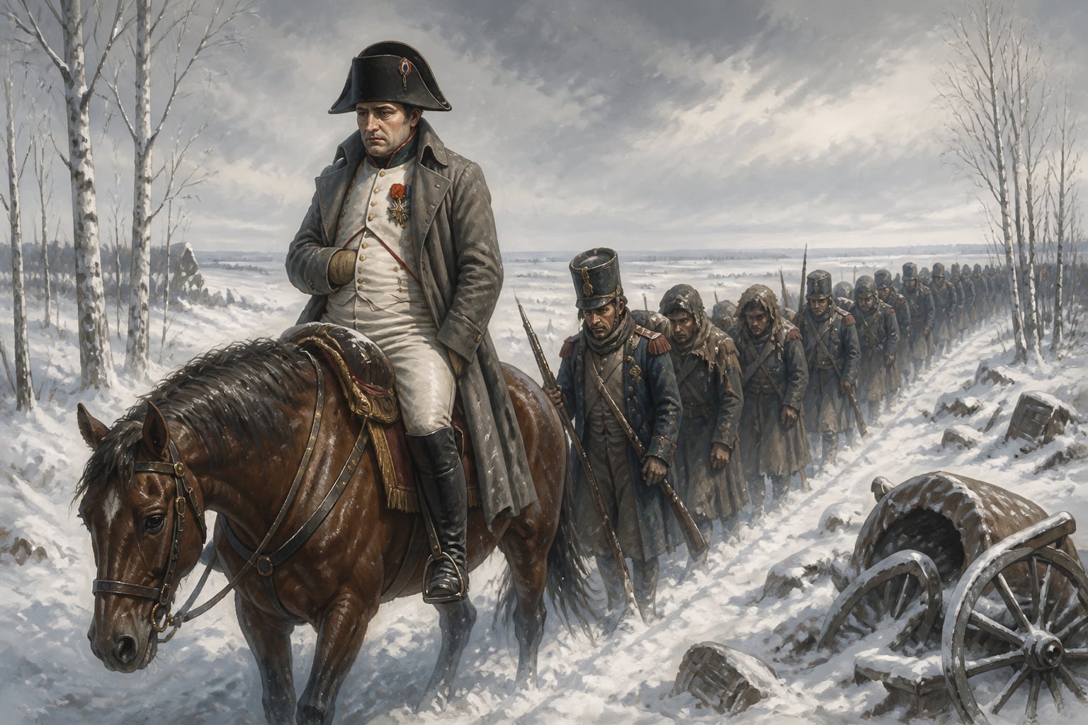 Napoleon retreating with the Grande Armée through the Russian winter of 1812