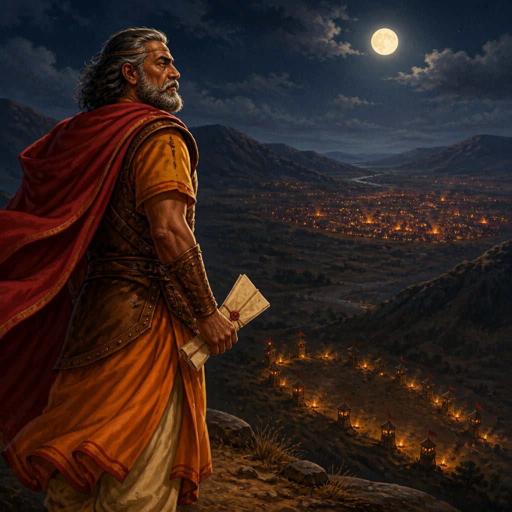 General Bhadrasena studying enemy campfires from a moonlit ridge before Kalinga