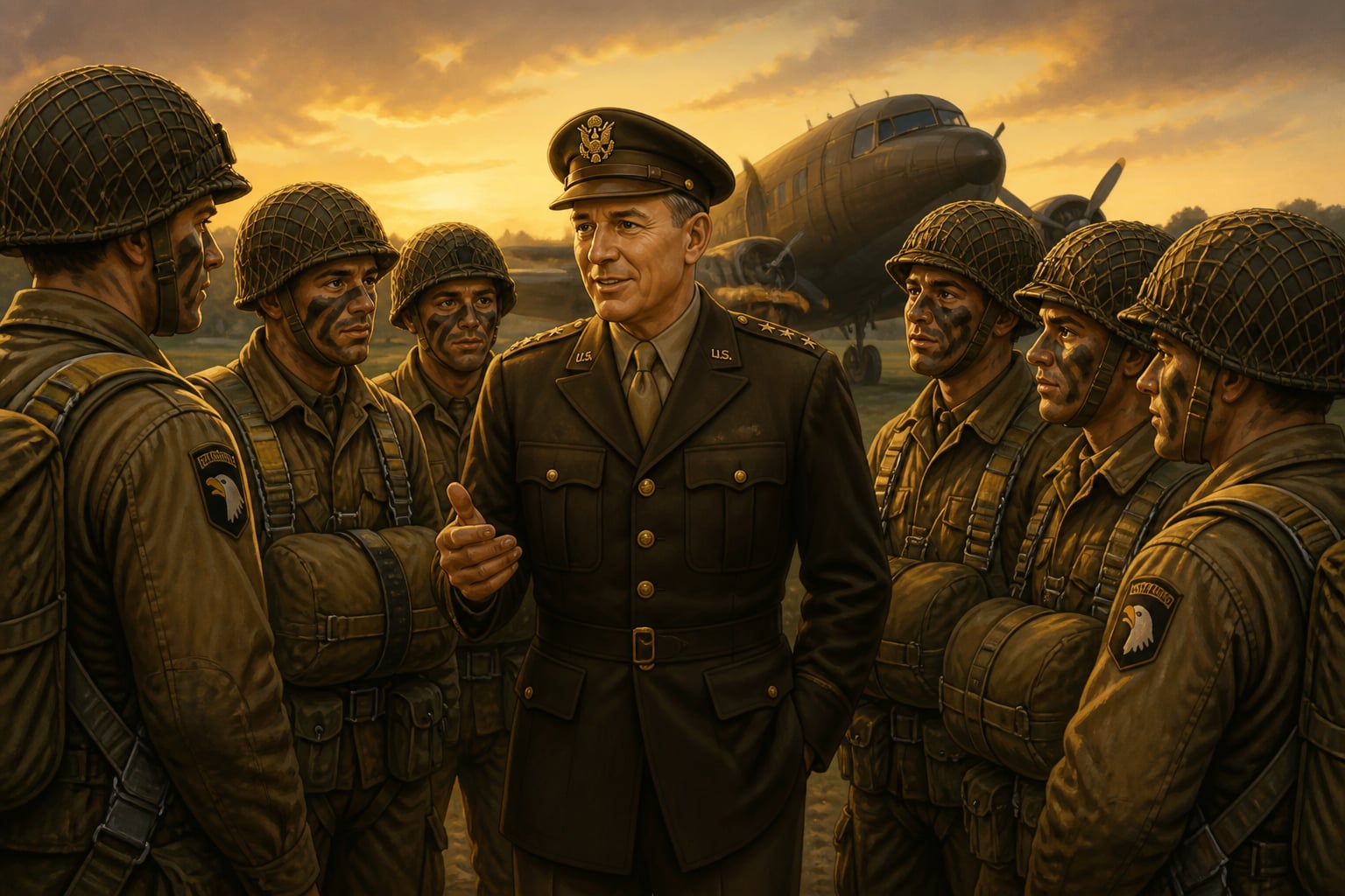 Eisenhower speaking with 101st Airborne paratroopers on the evening before D-Day